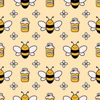 söta honungsbi seamless mönster. vektor klotter tecknad bikupa, blommor och honungskakor illustration digitalt papper isolerat på vit bakgrund för barn tygtryck