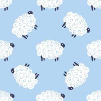 Süße Schafe Vektor nahtlose Muster Kinder süße Träume Illustration auf blauem Hintergrund. Baby-Dusche-Hintergrund. Kind, das weiße Schafe im flachen Stil zeichnet. Kinderdesign für Stoff