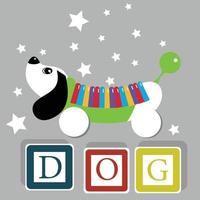 Kinderspielzeug in Form eines weißen Hundes mit schwarzen Augen und verschiedenfarbigem Rücken.