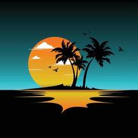 ett landskap av solnedgången i gyllene färg och dess reflektion på vattenytan .med skuggan av palmer och fåglar vektor