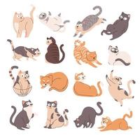 eine sammlung süßer katzen mit verschiedenen posen gesten, strecken, schlafen, sitzen. handgezeichneter flacher stil, weltkarikaturkatzen- oder kätzchencharakterdesign. vektor