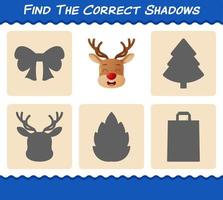 Finden Sie die richtigen Schatten von Rentieren. Such- und Zuordnungsspiel. Lernspiel für Kinder und Kleinkinder im Vorschulalter vektor
