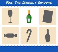 Finden Sie die richtigen Schatten der Champagnerflasche. Such- und Zuordnungsspiel. Lernspiel für Kinder und Kleinkinder im Vorschulalter vektor