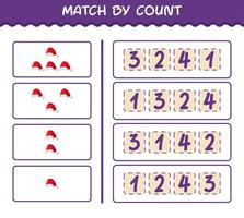 Übereinstimmung durch Zählung der Cartoon-Weihnachtsmütze. Match-and-Count-Spiel. Lernspiel für Kinder und Kleinkinder im Vorschulalter vektor