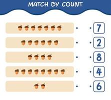 Übereinstimmung durch Anzahl der Cartoon-Eichel. Match-and-Count-Spiel. Lernspiel für Kinder und Kleinkinder im Vorschulalter vektor
