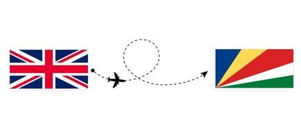 flug und reise vom vereinigten königreich großbritannien zu den seychellen mit dem reisekonzept des passagierflugzeugs vektor