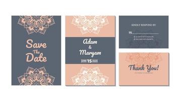 Set Cover Inhalt Hochzeitseinladungskarte mit Mandala, abstrakter Rahmen Hintergrund Dekoration Ornament Mockup Gruß Feier rustikale Vorlage Vektor Illustration