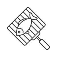 Handgrill mit linearem Symbol für Lachsfische. Grillrost. dünne Liniendarstellung. Grillkorb mit Fischsteak. Kontursymbol. Vektor isolierte Zeichnung