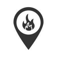 Brandort-Glyphe-Symbol. Kartenpunkt mit Flamme im Inneren. Silhouettensymbol. negativer Raum. vektor isolierte illustration