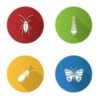 Insekten flaches Design lange Schatten-Glyphen-Symbole gesetzt. Kakerlake, Raupe, Schmetterling, Stinkkäfer. Vektor-Silhouette-Illustration vektor