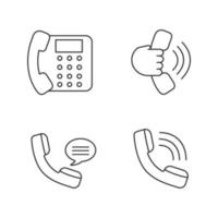 telefon kommunikation linjära ikoner set. fast telefon, handenhet i handen, inkommande samtal, röstmeddelande. tunn linje kontur symboler. isolerade vektor kontur illustrationer