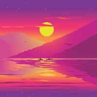 sommarsolnedgång på en sjö. lila bakgrundsfärger vektor