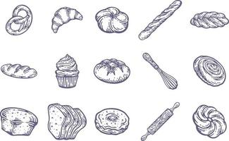 Brot Vektor handgezeichnete Set Illustration. Mehl frisches Brot. Glutenbäckerei graviert. schwarz backen Bio-Lebensmittel isoliert auf weißem Hintergrund.