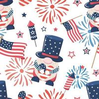 Patriotische Gnome mit uns Unabhängigkeitstag mit Feuerwerk, amerikanischen Flaggen, Herzen. Vektor nahtlose Muster. isoliert auf weißem Hintergrund. niedliches Design für digitales Papier, Hintergrund.