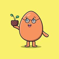 niedliches Cartoon-braunes niedliches Ei, das Pflanze in einem Topf hält vektor