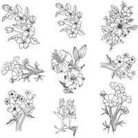 minimale botanische grafische skizzenzeichnung, trendiges kleines tätowierungsdesign, florale elemente vektorillustration vektor