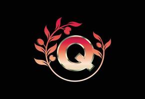 anfangsbuchstabe q zeichen symbol mit olivenzweigkranz, runder blumenrahmen aus dem olivenzweig vektor