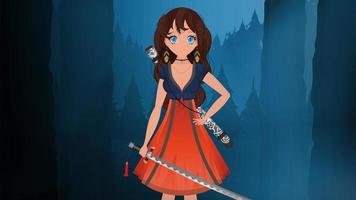 Mädchen mit einem Katana in einem blauen und roten Kleid. Anime-Samurai-Frau auf einem Sommernachtshintergrund. Cartoon-Stil, Vektorillustration. vektor