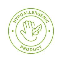 hypoallergen säker produktlinje grön stämpel. säkerhetshypoallergenisk kosmetika för hygienisk känslig hud. allergenfri etikett. hand och fjäder symbol. isolerade vektor illustration.