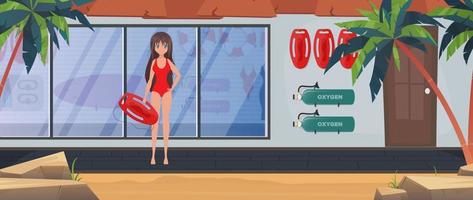 ein rettungsschwimmermädchen in einem roten badeanzug hält ein brett in ihren händen. Strand-Rettungsschwimmerin. Cartoon-Stil, Vektorillustration. vektor