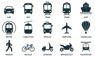 Transport-Silhouette-Icon-Set. Glyphensymbol für öffentliche Verkehrsmittel. eisenbahn, motorrad, fahrzeug, lufttransportpiktogramm. Reise-Transport-Design. isolierte Vektorillustration. vektor