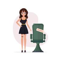flickan söker en anställd. enkel och trendig vektor konceptdesign. vänlig affärskvinna som står bredvid en stol och håller en ledig skylt.