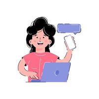 flickan arbetar på en bärbar dator och håller en telefon. isolerad på vit bakgrund. trendiga platt vektor stil.