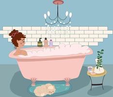 das mädchen liegt im badezimmer und entspannt sich. Home Spa, Shampoos, Eukalyptus, Boho-Stil vektor