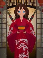 Frauen in einem langen Kimono aus roter Seide und einem Katana auf dem Rücken. Cartoon-Stil. vektor