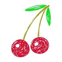 ljusa färger vektorillustration. två röda körsbär på en gren, gröna blad. för utskrifter, klistermärken, etikett. körsbärsprodukter, trädgårdsfrukter, bär. vektor
