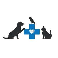 logotyp för en veterinärklinik. hund, katt och fågel med ett medicinskt kors vektor