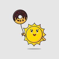 niedliche Cartoon-Sonne, die mit Donuts-Ballon schwimmt vektor