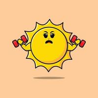 söt tecknad solkaraktär är fitness med skivstång vektor