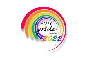 Pride Month 2022 Logo mit Regenbogenfahne. Banner-Stolz-Symbol mit Herz, lgbt, sexuellen Minderheiten, Schwulen und Lesben. Hintergrund Liebe ist Liebe. Schablonendesignerzeichen, bunter Regenbogen des Symbols lokalisiert