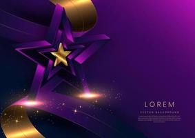 3D goldener Stern mit goldenem Band auf dunkelblauem und violettem Hintergrund. vorlage luxus premium award design. vektor