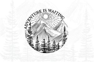 äventyret väntar, berg, träd, tur i skogen, utomhus, äventyr handritad siluett grafisk t-shirt design vektor