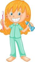 flicka i pyjamas håller tandborste och tandkräm vektor