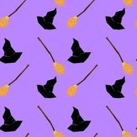 Nahtloser Musterhintergrund von Besen und Hexenhut, lila Halloween-Hintergrundvektorillustration vektor