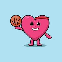 söt tecknad vackert hjärta spelar basket vektor