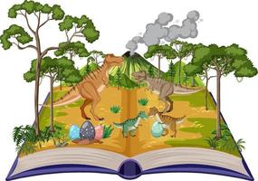 Aufgeschlagenes Buch mit verschiedenen Dinosauriern im Wald vektor