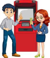 ein mann hebt geld vom geldautomaten ab und seine frau zeichentrickfigur vektor