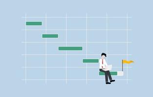 Gantt-Diagramm für Projektplanung, Aufgabenmanagement, Ausführung von Arbeitsabläufen für das Geschäftserfolgskonzept. Geschäftsmann, der mit einem Laptop arbeitet, der auf dem letzten horizontalen Balken des Projekt-Gantt-Diagramms sitzt. vektor