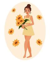Ein junges Mädchen in einem karierten Rock mit einem Strauß Sonnenblumen in den Händen. sommerillustration, clipart, druck, postkarte vektor