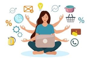 Multitasking-Konzept, Frau in Yoga-Pose mit Laptop, sechs Händen und verschiedenen Symbolen. das Konzept des mentalen und emotionalen Gleichgewichts. Abbildung, Vektor