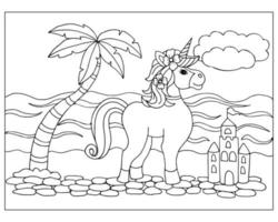 süßes einhornpferd, fantasieschloss und palme, skizze. Illustration für Malbuch für Kinder, Malseite. schwarzer Umriss, Vektor