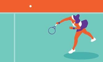 ung kvinna spelar tennis på domstolen vektor