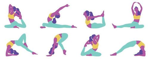 samling av ung kvinna som utövar yoga vektor
