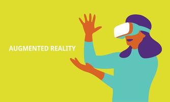 kvinna i vr-headset tittar upp på objekten i virtuell verklighet vektor