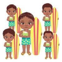 stranden svart pojke i sommarlovet. Amerikanska afrikanska barn som håller surfbräda och kokos juice seriefigur design vektor