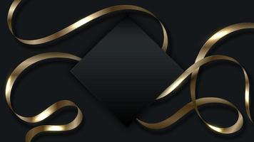 3d-goldenes band, lockige formelemente mit schwarzem quadratischem abzeichen auf dunklem hintergrundluxusstil vektor